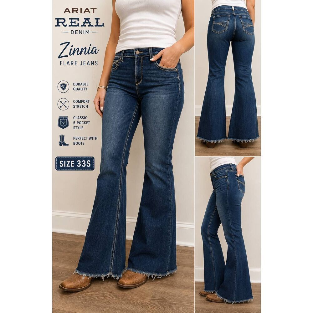 Ariat REAL Denim Zinnia Flare Jeans Women's Size 33S Medium Wash Raw Hem